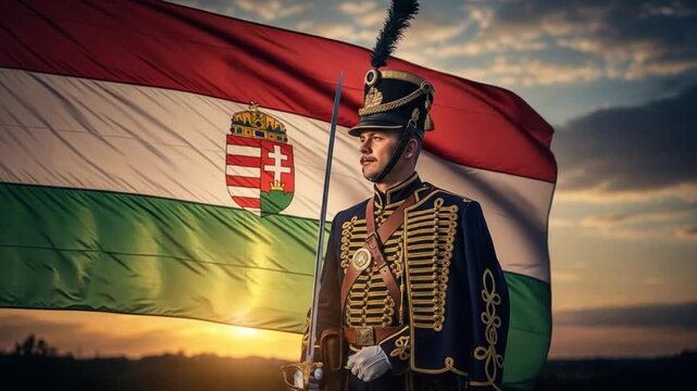 Hungarian Hussar Soldier in Historical Uniform Standing Proudly Before National Flag at Sunset Representing Patriotism Heritage and Military Tradition