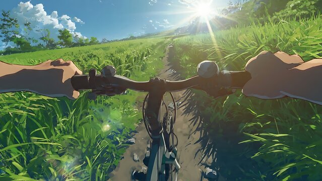 Anime style illustration from a first person perspective of hands gripping bicycle handlebars riding down a narrow dirt trail surrounded by vast vibrant lush green fields under a bright