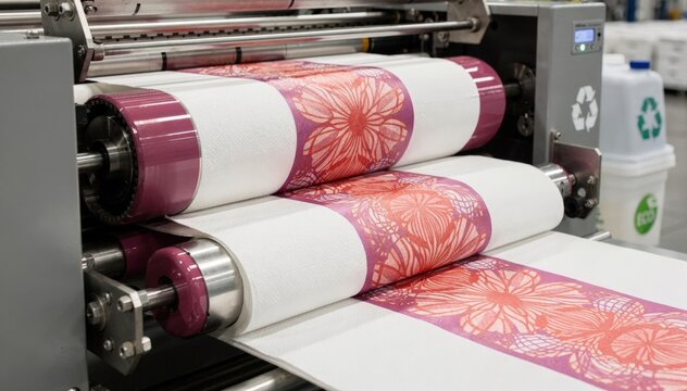 Medium shot of industrial waterbased ink flexo printing applying vibrant onecolor patterns on soft napkins with ecofriendly lowVOC ink for sustainable textile production.
