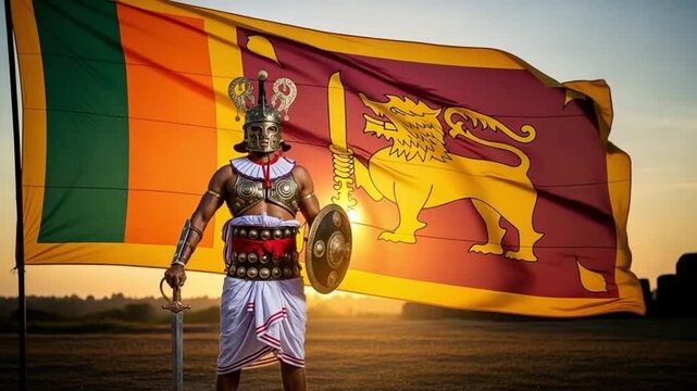 Sri Lankan warrior in traditional armor holding sword and shield standing before national flag at sunset representing courage strength and historical heritage