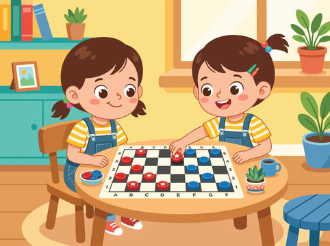 Girl Playing Checkers Board Game on Table Illustration
