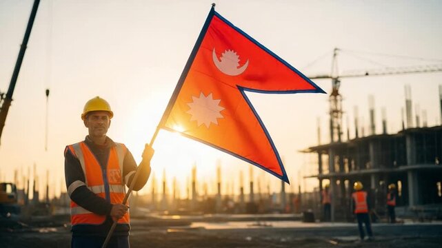 Middle aged male construction worker holding Nepal flag at sunset on building site, representing national pride, infrastructure development and labor industry growth