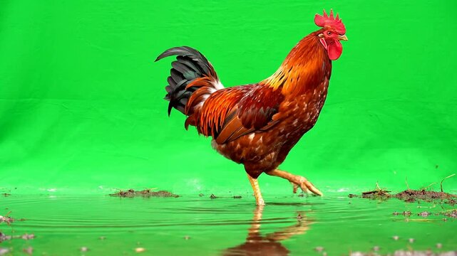 Vibrant Rooster Walking Through Water on Green Screen Background for Poultry and Farm Life Video Projects, Ideal for Motion Graphics and VFX Compositions