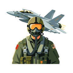 Military fighter pilot in full gear vector illustration with supersonic jet airplane flying in the background. © Riky