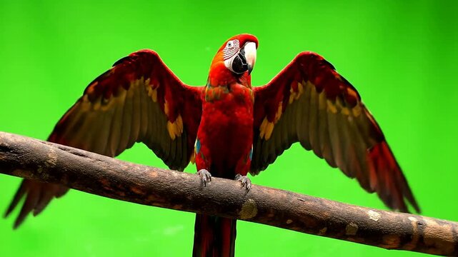 Vivid Macaw Parrot Displaying Colorful Feathers On A Branch Isolated On Green Screen Background For Easy Compositing