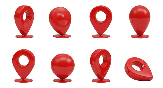 3d rendered collection of red location markers varied angles on a clean white background maps and navigation concepts