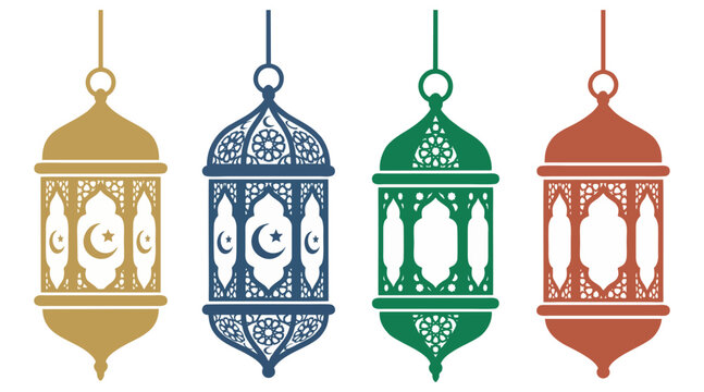 Decorative ramadan lantern set featuring intricate islamic patterns and crescent moon symbols created as a flat colorful vector illustration design