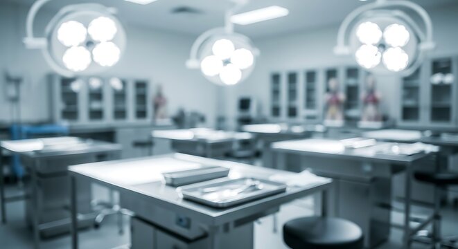 Blurred operating room with surgical lights and tables, medical equipment, and anatomical models in background, sterile environment, blue tones