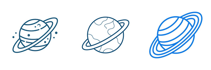 Set and collection of simple black outline sketch of planet Saturn in space isolated on white background © createrthing