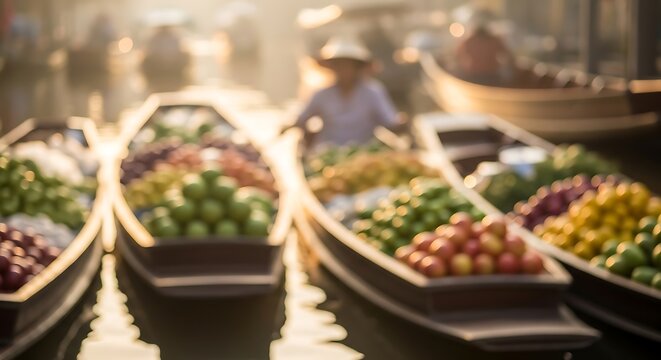 Blurred view of boats filled with colorful fruits and vegetables at a sunny outdoor market with a person in a hat steering a boat in the background.
