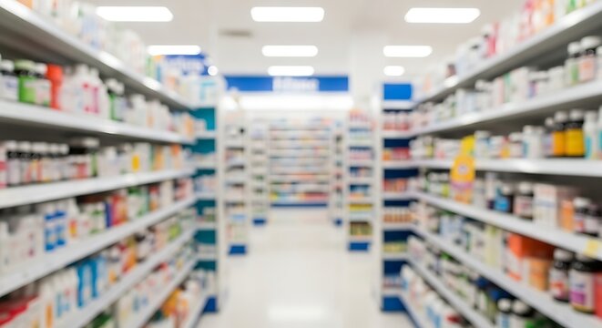 Blurred view of pharmacy aisles with shelves stocked with various products and medications, bright overhead lighting, clean and organized retail environment, shallow depth of field.
