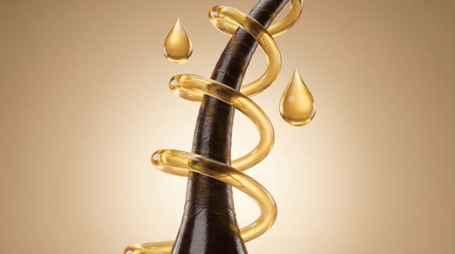 Golden oil spiral coats hair shaft with intensive nutrients.Restores split ends and enhances a smooth radiant shine. 3D rendering.