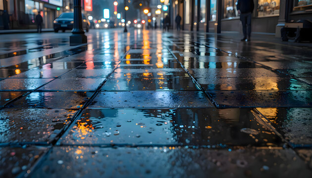 Person walking down the street in the rain, lonely traveler with umbrella in urban autumn weather storm, wet asphalt city landscape scenery