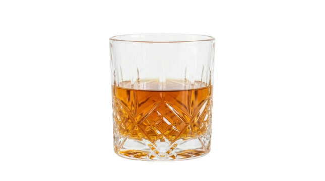 Crystal whiskey glass with golden alcohol on a transparent background PNG image