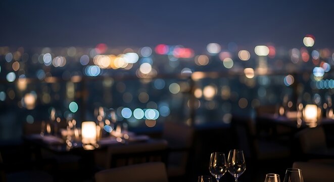 Elegant restaurant tables with wine glasses and candles with a blurred city skyline background at night
