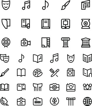 Diverse set of black line icons representing arts and culture masks musical notes books cameras