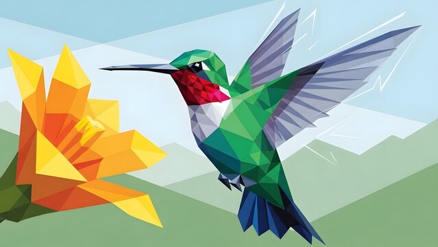Hummingbird rendered in a geometric low poly style approaches a bright yellow flower in a digital forest.