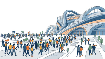 Obraz premium Diverse crowd of people walking together towards a large modern stadium building.