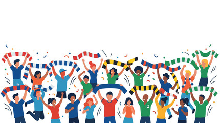 Diverse group of excited sports fans cheering and holding scarves. © Dewi Lestari