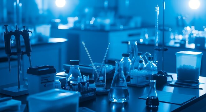 Laboratory equipment including pipettes, beakers, flasks, and test tubes arranged on a dark table in a blue-toned research environment with blurred background lights.