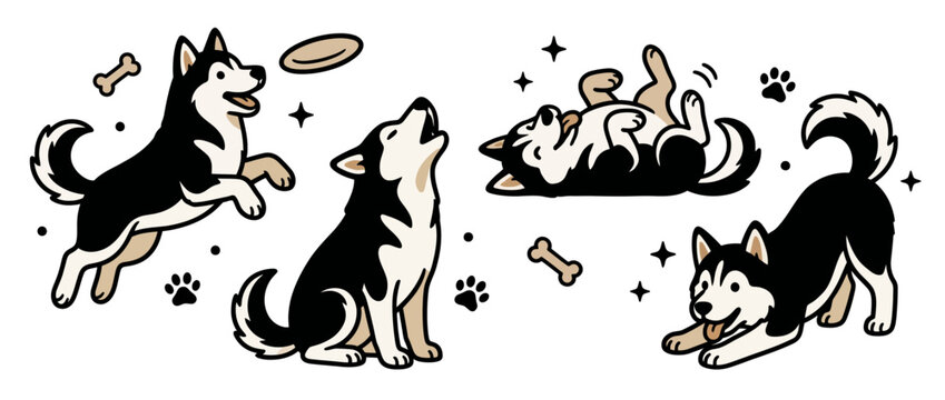 A lively illustration featuring adorable huskies engaged in playful activities like jumping for a frisbee and having fun. The energetic and joyful expressions are captivating.