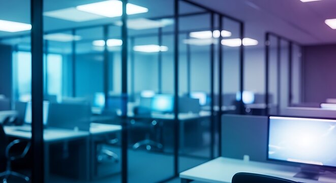Modern office interior with computer monitors and glass partitions in a blurred background