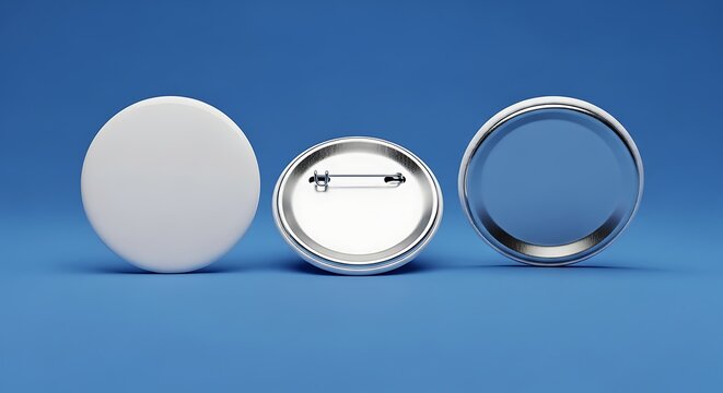 Three blank white button badges, front and back view with safety pin, merchandise mockup, promotional accessory, customizable