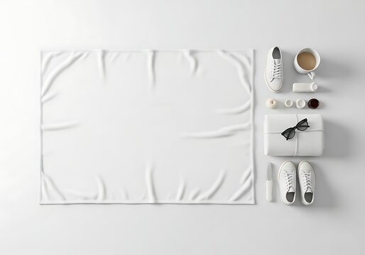 Top view of a blank white fabric blanket mockup with neatly arranged personal accessories for lifestyle blogging