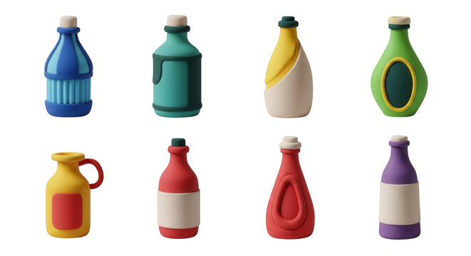 colorful clay bottles arrayed on a white background various shapes and possible for design elements