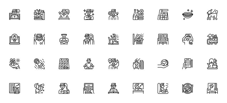 Good life icon set. Minimal vector icon pack. Featuring overwork, salad, get up, personality, skill development, bad habits, check up, dental care, dog, creative work and more.