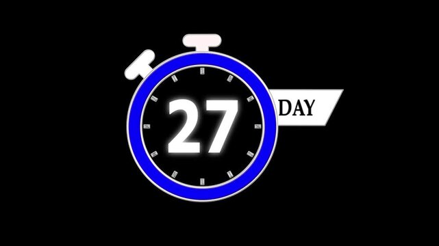 Countdown hits 27 days, stopwatch animation video; stylish digital days to go clip for product launches, promotions, and advertising.