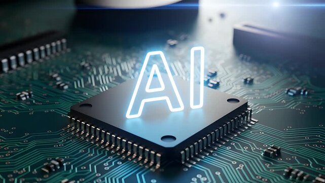 Glowing AI letters sit upon a advanced silicon computer processor chip mounted on a complex green electronic circuit board representing the future of modern global computing technology systems.