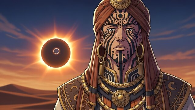 An ancient warrior with intricate face paint stares out over a desert landscape during a solar eclipse