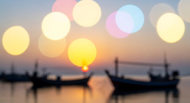Soft abstract bokeh lights shimmering over blurred fishing boats at a tranquil sunrise or sunset seascape horizon