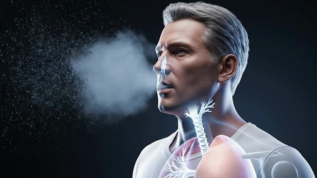 4K CGI Animation Depicting Passive Smoking Exposure Through Exhalation of Toxic Particles in a Dark Background