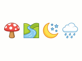 Fototapeta premium This image displays a creative set of four icons representing nature, including a mushroom, river, moon, and rain cloud, ideal for environmental themes and designs.