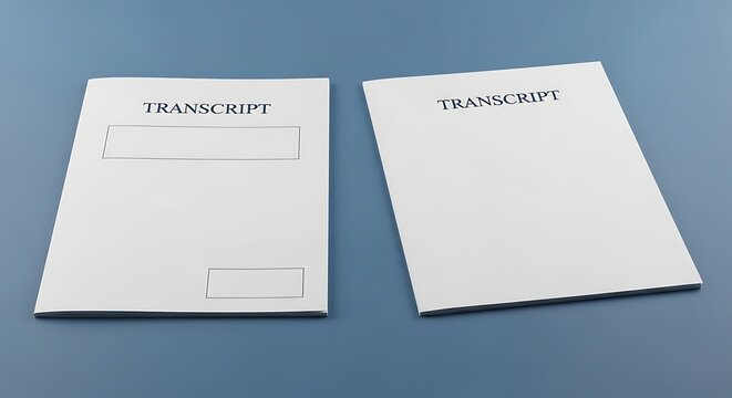 Two white document folders labeled transcript, administrative paperwork, academic record, official file, corporate documentation