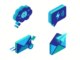 This sleek image presents various isometric tech icons including a thought cloud, sound wave, and progress arrow, emphasizing modern communication and technological prowess. © bobo wang