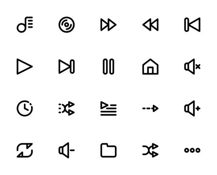 Music Player Interface icon set. Minimal icon pack. Includes song, disc, play, pause, forward, rewind, prev, next, shuffle, repeat, speaker, playlist, home, menu and more. Editable vector.