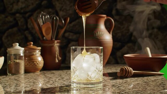 Bartender Skillfully Pours Golden Honey Over Ice In Crystal Glass Against Rustic Stone Background, Ideal For Culinary Art, Drinks Preparation, And Bartending Scenes