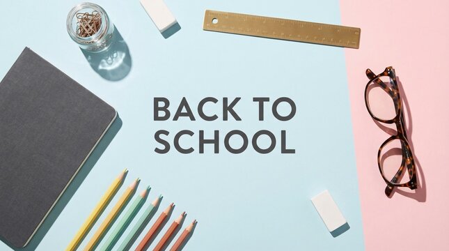Back to school essentials on pastel background with text