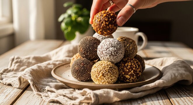 Hand placing a homemade energy ball onto a rustic plate with a stack of various healthy snack bites.