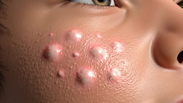Close-Up 4K CGI Animation of Pediatric Hives (Urticaria) on a Child's Cheek with Detailed Skin Texture and Educational Visual for Dermatological Studies