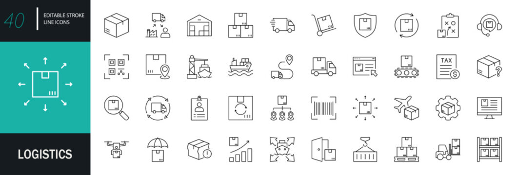 Logistics icon set. Containing distribution, shipping, transportation, delivery, cargo, freight, route planning, supply chain, export, and import icons. Editable line icons. Vector illustration.