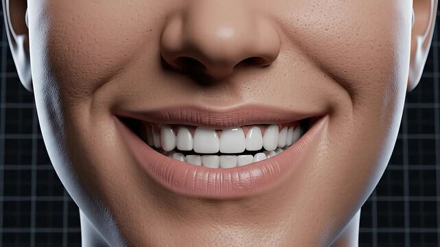 Close-Up of a Realistic Smiling Human Face with Perfect Teeth Against a Structured Dark Background for Dental and Cosmetic Presentations