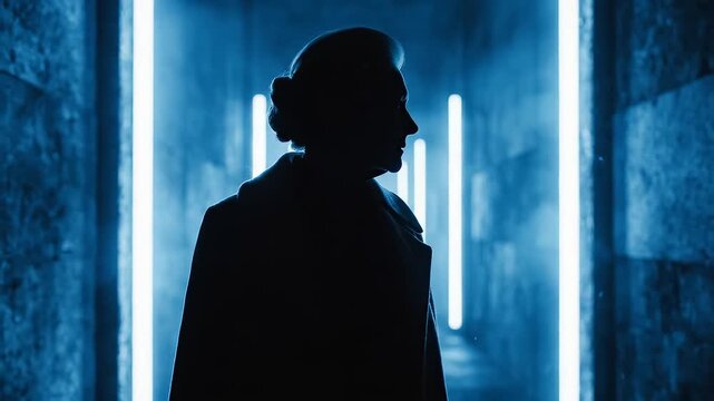 Silhouette of person in glowing corridor perfect for UI/UX elements and digital motion graphics