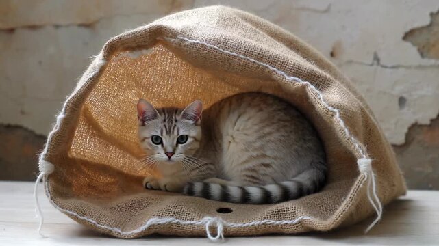 Kitten hides in sack Cat rests in sack