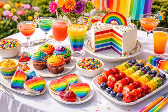 Pride month lgbtq+ rainbow cake dessert table