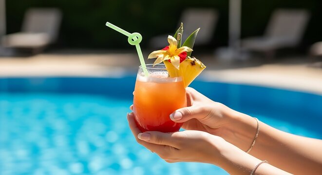Drink cocktail in poolside glass with tropical flower garnish in summer vacation setting for hospitality marketing