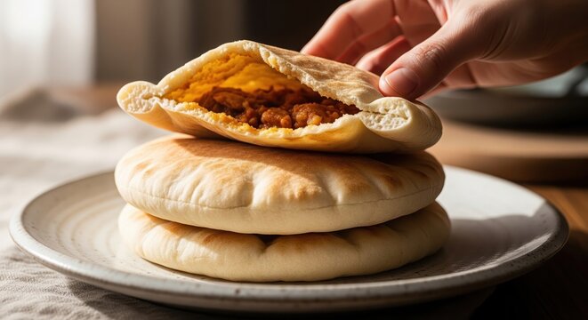 Hand reaching for a delicious stuffed pita bread on a plate.